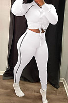 White Modest Shirred Detail Side Stripe Long Sleeve Dew Waist Tops Pencil Pants Slim Fitting Sets YYF8257-1
