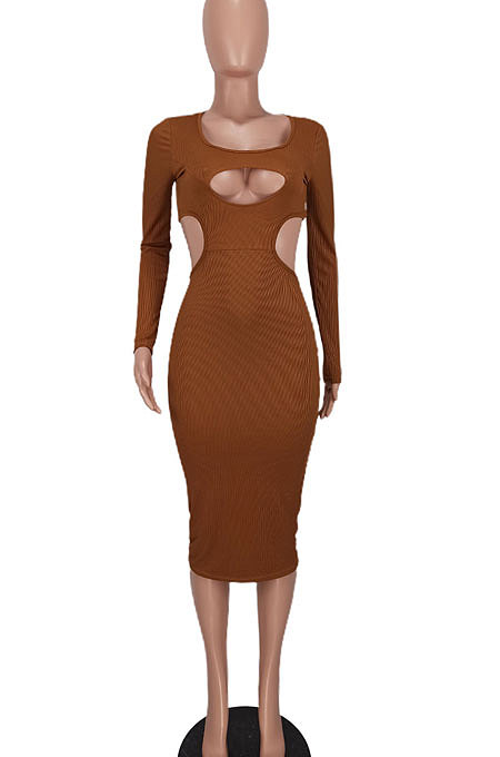 Orange Red Women Pure Color Bodycon Ribber Hole Long Sleeve Midi Dress ED1080-3