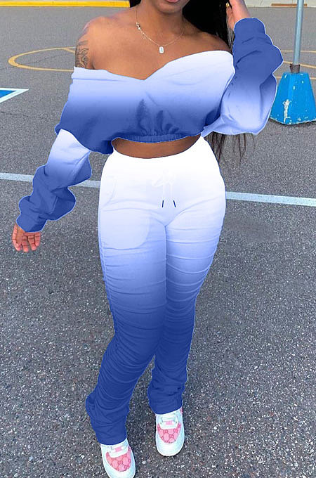 Gradient Batwing Sleeve Ruffle Pants Sets LD88768-2