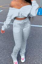 Gray Women Batwing Sleeve Pure Color Long Sleeve Crop Ruffle Pants Sets LD8768-3