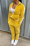 Yellow Wholesale Velvet Side White Stripe Cardigan Zip Front Jacket Coat Trousers Sport Sets BM7235-4