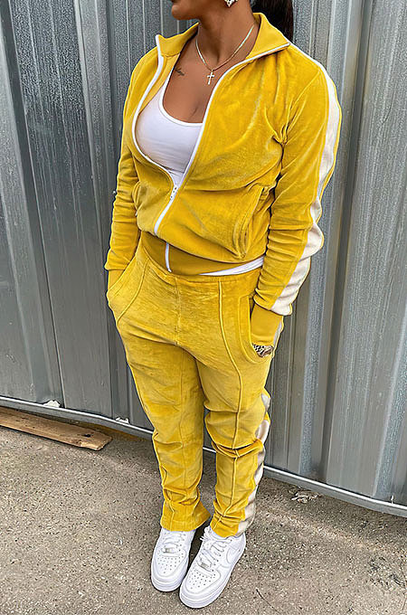Yellow Wholesale Velvet Side White Stripe Cardigan Zip Front Jacket Coat Trousers Sport Sets BM7235-4