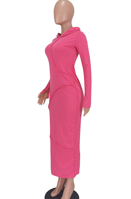 Rose Red Women Fashion Long Sleeve Solid Color Cotton Hooded Mid Waist Long Dress ED1073-2