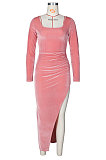 Wine Red Fashion Sexy Velvet Long Sleeve Square Neck For Party High Slits Slim Fitting Dress ZS0428-1