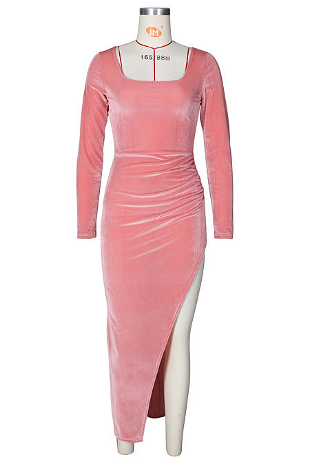 Blue Fashion Sexy Velvet Long Sleeve Square Neck For Party High Slits Slim Fitting Dress ZS0428-3