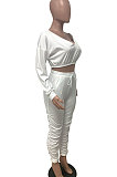 Gray Women Batwing Sleeve Pure Color Long Sleeve Crop Ruffle Pants Sets LD8768-3