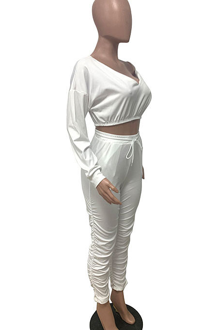 Gray Women Batwing Sleeve Pure Color Long Sleeve Crop Ruffle Pants Sets LD8768-3