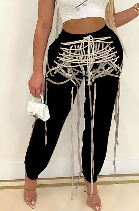 Grey Modest Multicolor Eyelet Strining Times Pants BM7233-1