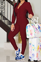 Red Simple New Fish-Scale Pattern Long Sleeve Zipper Hoodie Skinny Pants Yoga Solid Color Sets ZMM9135-3