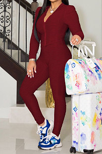 Red Simple New Fish-Scale Pattern Long Sleeve Zipper Hoodie Skinny Pants Yoga Solid Color Sets ZMM9135-3