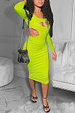 Neon Green Women Pure Color Bodycon Ribber Hole Long Sleeve Midi Dress ED1080-2