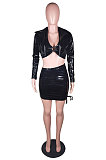 Red Night Club PU Leather Halter Neck Strapless &Samll Jacket Coat Drawsting Hip Skirts Plain Color Three Piece BS1294-3