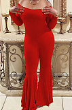 Red Sexy Cotton Blend Long Sleeve Slim Fitting Solid Color Flare Jumpsuits ZMM9123-2
