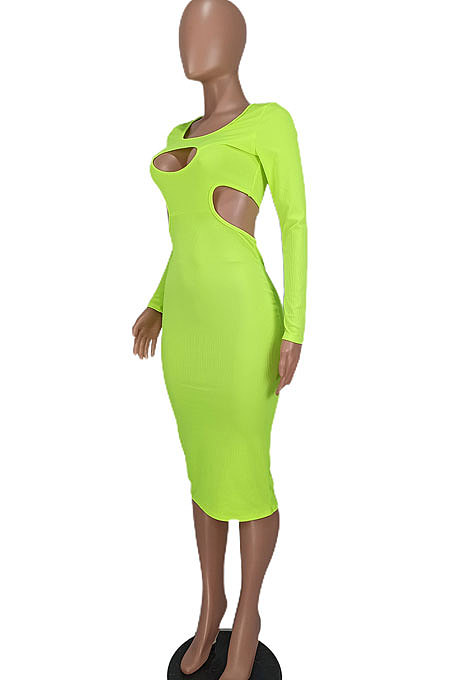 Orange Red Women Pure Color Bodycon Ribber Hole Long Sleeve Midi Dress ED1080-3