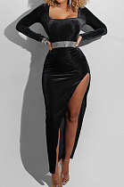 Black Fashion Sexy Velvet Long Sleeve Square Neck For Party High Slits Slim Fitting Dress ZS0428-2