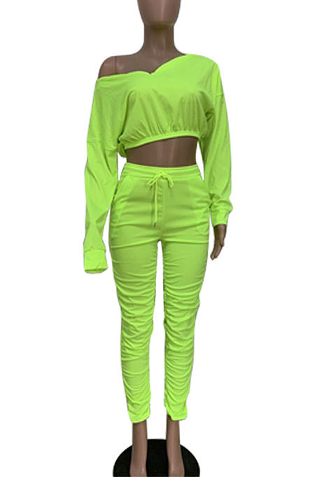 White Women Batwing Sleeve Pure Color Long Sleeve Crop Ruffle Pants Sets LD8768-1