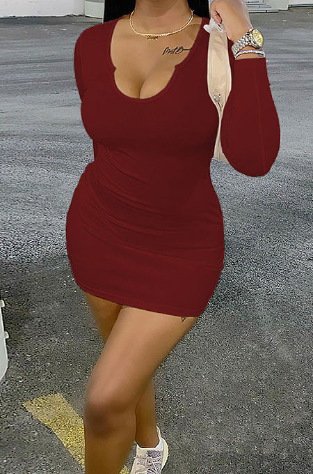 Wine Red Sexy Ribber Long Sleeve Low-Cut Collect Waist Solid Color Hip Dress BM7229-3