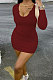 Wine Red Sexy Ribber Long Sleeve Low-Cut Collect Waist Solid Color Hip Dress BM7229-3