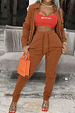 Pink Women Trendy Casual Thin Velvet Pure Color Long Sleeve Cardigan Zipper Pants Sets ED1074-1