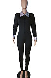 Red Women Pure Color Long Sleeve Zipper Plaid Printing Spliced Bodycon Jumpsuits LD81051-3
