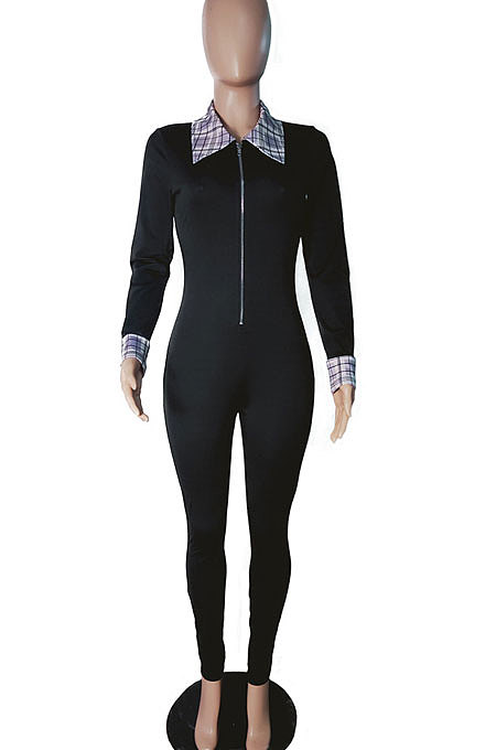 Yellow Women Pure Color Long Sleeve Zipper Plaid Printing Spliced Bodycon Jumpsuits LD81051-2