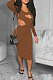 Brown Women Pure Color Bodycon Ribber Hole Long Sleeve Midi Dress ED1080-1