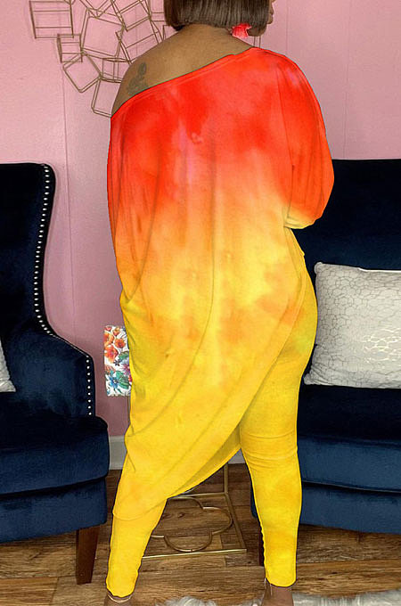 Blue Tie Dye Design Printing Long Sleeve Oblique Shoulder Tops Skinny Pants Casual Sets YNS1680-2