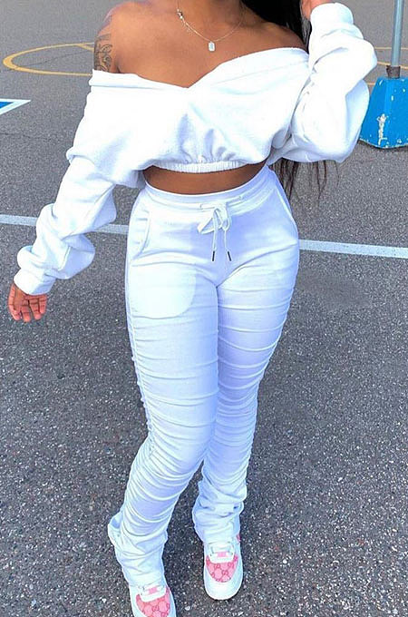 Yellow Women Batwing Sleeve Pure Color Long Sleeve Crop Ruffle Pants Sets LD8768-2