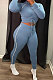 Light Blue Modest Shirred Detail Side Stripe Long Sleeve Dew Waist Tops Pencil Pants Slim Fitting Sets YYF8257-3