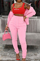 Pink Women Trendy Casual Thin Velvet Pure Color Long Sleeve Cardigan Zipper Pants Sets ED1074-1