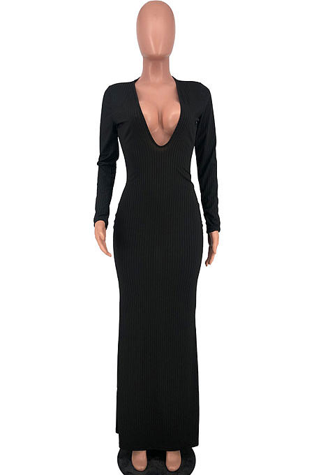 Pink Sexy Women's Ribber Long Sleeve Deep V Neck Collect Waist Plain Color For Party Maix Dress LY051-1