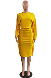 Yellow Simple Women,s Preppy Long Sleeve Loose Tops High Waist Wrap Skirts Plain Color Tassel Sets H1750-2