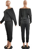 Red Fashion Preppy Cotton Long Sleeve Oblique Shoulder Loose Tops Skinny Pants Casual Sets H1743 -1