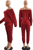 Pink Fashion Preppy Cotton Long Sleeve Oblique Shoulder Loose Tops Skinny Pants Casual Sets H1743-5
