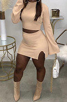 Light Orange Fashion New Women's Long Sleeve O Collar Tops Split Skirts Solid Color Sets LY050-2