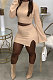 Light Orange Fashion New Women's Long Sleeve O Collar Tops Split Skirts Solid Color Sets LY050-2