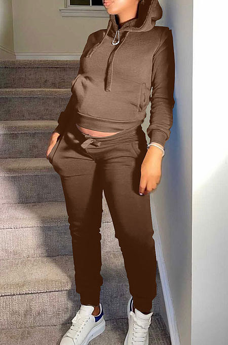 Coffee Autumn Winter New Velvet Long Sleeve Hoodie Trousers Plain Color Sports Sets LML274-4