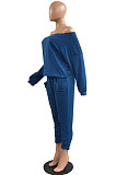 Red Fashion Preppy Cotton Long Sleeve Oblique Shoulder Loose Tops Skinny Pants Casual Sets H1743 -1