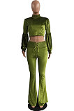 Green Luxe Casual Women's Puff Sleeve High Neck Crop Tops Flare Pants Fashion Sets H1753 