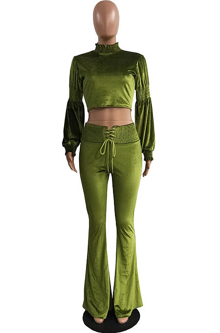 Green Luxe Casual Women's Puff Sleeve High Neck Crop Tops Flare Pants Fashion Sets H1753 
