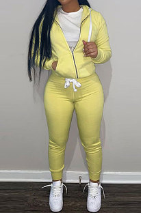 SUPER WHOLESALE | Yellow Wholesale Sports Women Long Sleeve Zipper Hoodie Bodycon Pants Solid Color Sets LML273-4