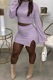 Light Green Fashion New Women's Long Sleeve O Collar Tops Split Skirts Solid Color Sets LY050-4