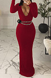 Pink Sexy Women's Ribber Long Sleeve Deep V Neck Collect Waist Plain Color For Party Maix Dress LY051-1