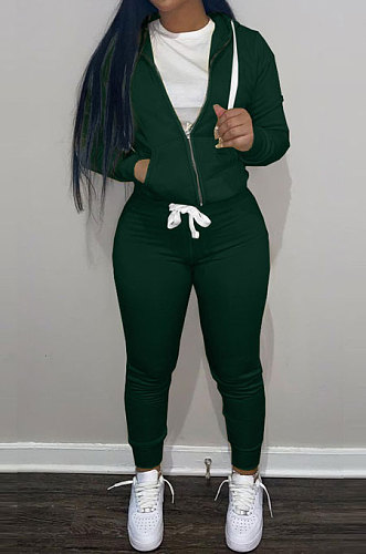 SUPER WHOLESALE | Dark Green Wholesale Sports Women Long Sleeve Zipper Hoodie Bodycon Pants Solid Color Sets LML273-7