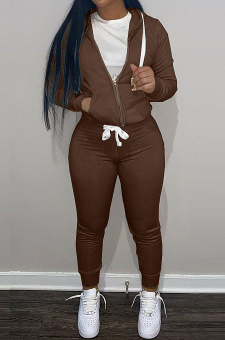 SUPER WHOLESALE | Coffee Wholesale Sports Women Long Sleeve Zipper Hoodie Bodycon Pants Solid Color Sets LML273-2