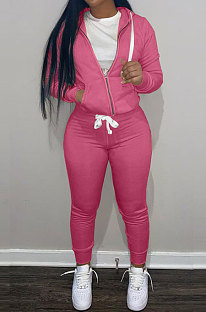 SUPER WHOLESALE | Rose Red Wholesale Sports Women Long Sleeve Zipper Hoodie Bodycon Pants Solid Color Sets LML273-8