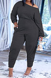 Pink Fashion Preppy Cotton Long Sleeve Oblique Shoulder Loose Tops Skinny Pants Casual Sets H1743-5