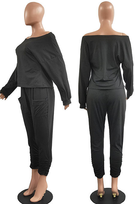 Black Fashion Preppy Cotton Long Sleeve Oblique Shoulder Loose Tops Skinny Pants Casual Sets H1743-3