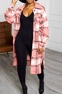 Pink New Luxe Plaid Woolen Cloth Long Sleeve Lapel Neck Single-Breasted Long Jacket Coat H1749-1