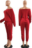 Red Fashion Preppy Cotton Long Sleeve Oblique Shoulder Loose Tops Skinny Pants Casual Sets H1743 -1